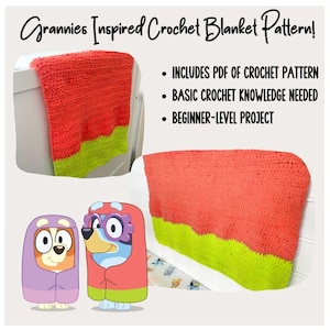 May include: A crochet blanket pattern featuring a two-toned granny square design in coral and lime green. The pattern includes a PDF download and is a beginner-level project.