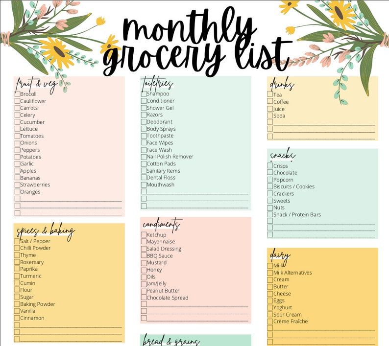 PRINTABLE Monthly Grocery List Shopping Planner Instant - Etsy
