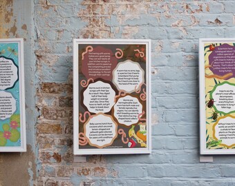 Peut inclure: Trois affiches éducatives encadrées avec des bordures blanches sont accrochées à un mur de briques. Les affiches présentent des illustrations colorées et du texte sur les insectes, les vers et les libellules. Les affiches sont conçues pour éduquer et informer sur la nature.