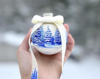 Hand Painted Winter Forest Christmas Ornament: Calming Blue Tones- NO AI USED