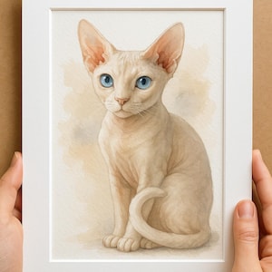 Kundenspezifisches Aquarell Devon Rex Katzenporträt, Haustier-Gedenkkunst- KEIN AI BENUTZT