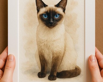シャム猫の絵画、ヴィンテージオリジナル、額装キャンバスパネル