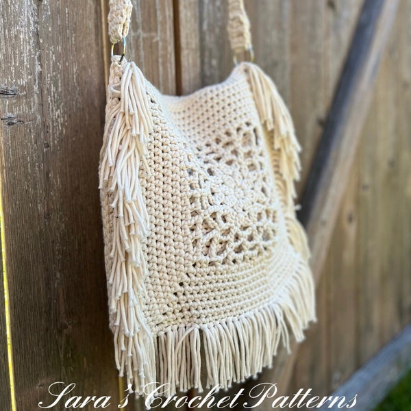 daisy fold over fringed bag, PDF crochet pattern, easy crossbody bag crochet pattern