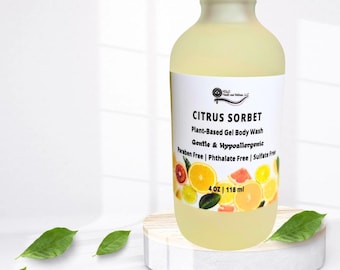 Citrus Sorbet Natural Body Wash 4 oz, Plant-Based Botanical Shower Gel with Essential Oils, Vegan Liquid Soap, Citrus Natural Gel Body Wash
