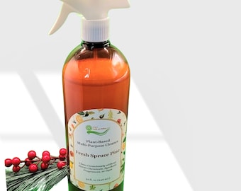 Puede incluir: Una botella de vidrio marrón con una boquilla de pulverización blanca llena de un líquido transparente. La botella tiene una etiqueta que dice "Limpiador multiusos a base de plantas Pino de abeto fresco Limpiar conscientemente sin productos químicos agresivos, sintéticos, fragancias o tintes 32 fl. oz (946 mL)"
