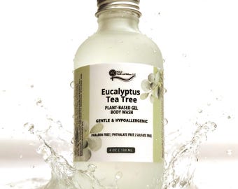 Eucalyptus Tea Tree Natural Body Wash 4 oz, Plant-Based Shower Gel with Essential Oils, Vegan Body Cleanser, Botanical Liquid Soap