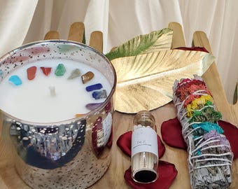 Chakra Candle Gift Set with Sage, Matches and Striker, Yoga Gift for Her, Meditation Gift, Crystal Candle, Mindfulness Gift, Aromatherapy