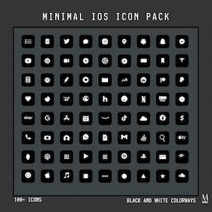 May include: A digital icon pack titled MINIMAL IOS ICON PACK featuring over 100 black square app icons with white symbols. The collection includes various social media, utility, and entertainment logos arranged in a grid on a dark gray background.