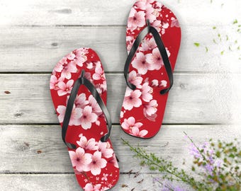 Cherry Blossom Flip Flops Japanese Flower Sandals Red Blossoms
