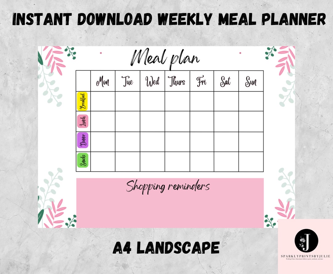 Weekly Meal Planner Printable INSTANT DOWNLOAD Weekly Menu - Etsy UK
