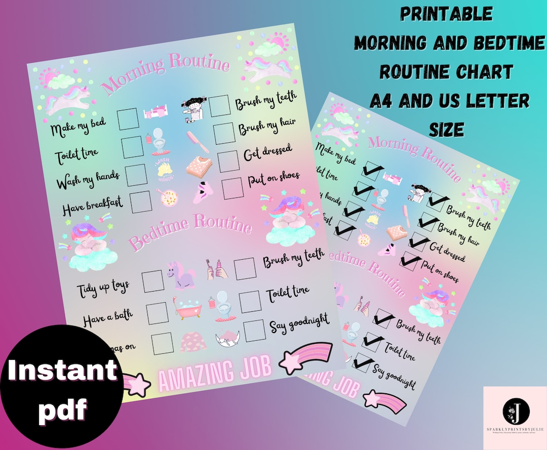 Kids Morning Bedtime Routine Charts Printable Checklist Instant ...