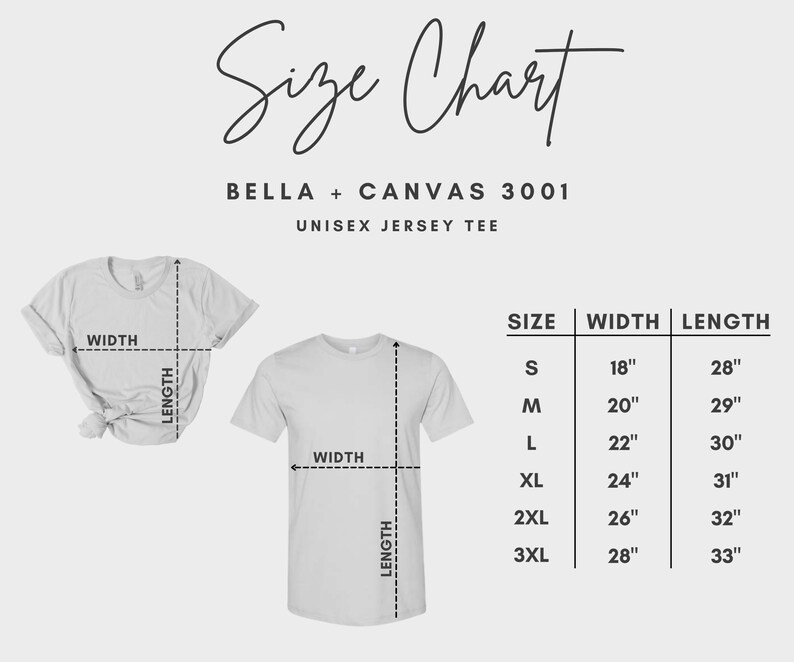 May include: A size chart for Bella + Canvas 3001 unisex jersey tees. The chart includes measurements for width and length in inches for sizes S through 3XL. Two white t-shirts are shown with measurement lines.