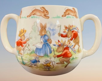 Bone China Bunnykins Mug-"Cowboys & Indians" by Royal Doulton-Albion Style-Circa 1968-Mama Bunnykins-Bunnykins Children-Made in England