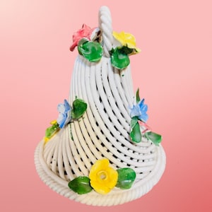 Capodimonte Trellis Bell, Porcelain, White Nouva with Multi Colored Flowers. Preowned and Dated 1980.