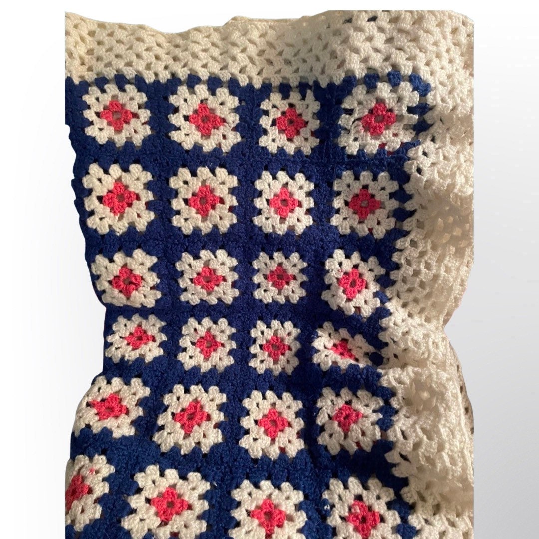 Crochet Granny Square Lap Afghan Blanketpink, Blue and White71 X 44