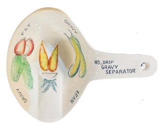 No-Drip Gravy Separator, Ladle Shaped, Decorated With Hand painted Veggies, Vintage 1960s