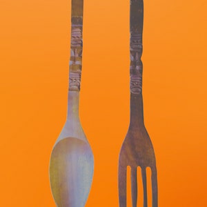 Vintage Tiki Spoon and Fork- Extra Large-Wooden Carve-22.5 inches long-Enesco-Mid Century Style-Retro Wall Decor