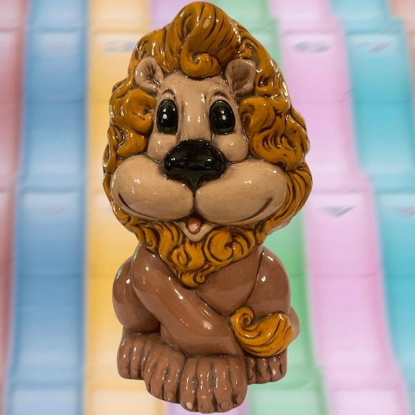 Vintage Ceramic Lion Bank-Atlantic Mold-8 inches Tall-Hand Painted-1970’s Retro-Whimsical Lion