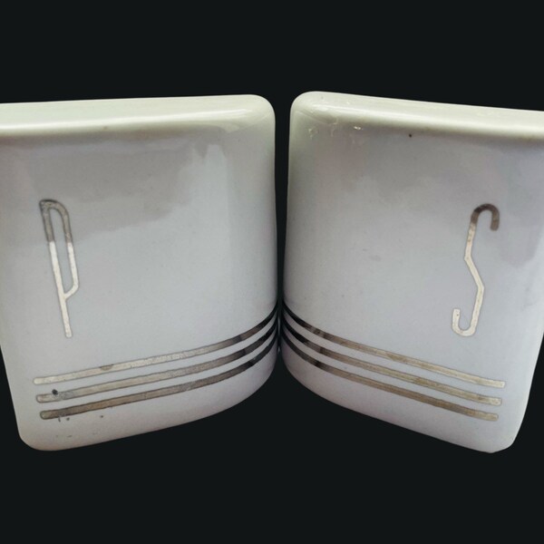 Vintage Salt and Pepper Shakers, Streamlined Silver on White, Perfect for your MCM Kitchen