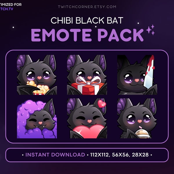 Chibi Cute Bat Twitch Emote Pack 6x - Black Bat Discord Emote, Comfy, Gift, Popcorn, Gift, Boba Black Bat,  Streamer Assets Graphics Emoji