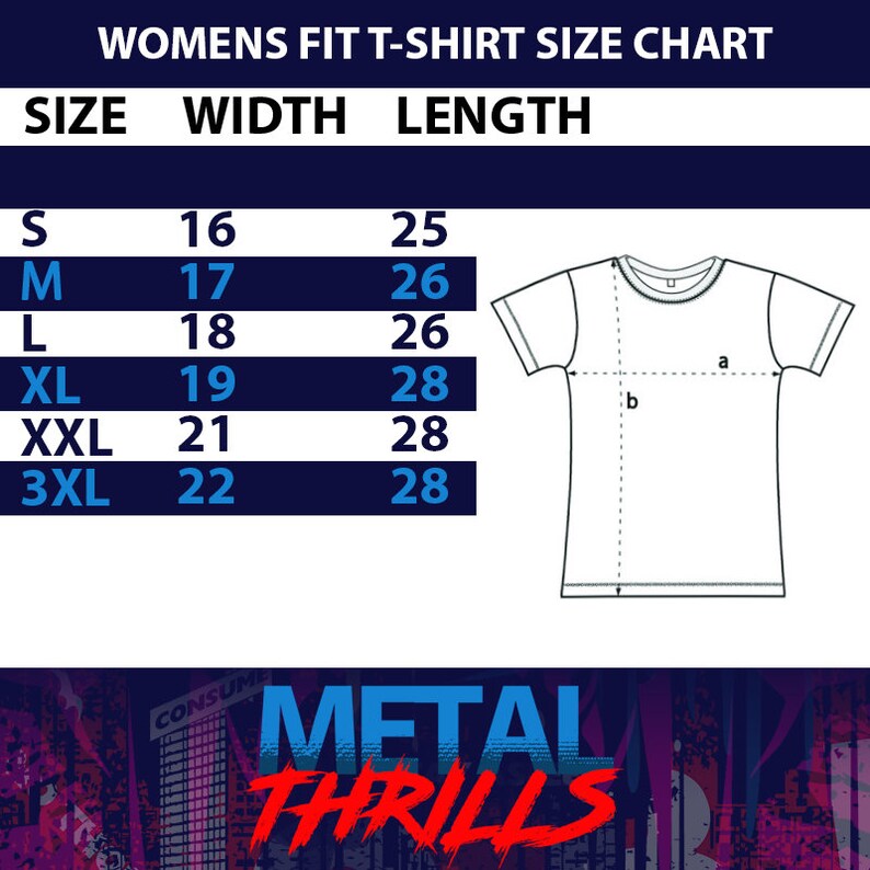 Op de afbeelding: Maattabel voor dames-T-shirts, met afmetingen in inches. Maten vari&euml;ren van S tot 3XL, met bijbehorende breedte- en lengtematen. Een T-shirt diagram toont de meetpunten. De tekst "METAL THRILLS" staat onderaan.