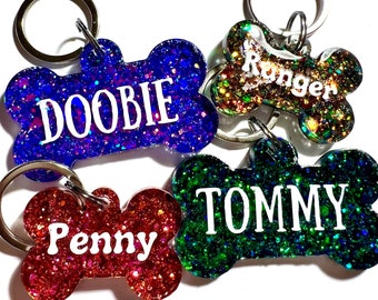 Custom Chunky Glitter Pet ID name tag• Personalized resin cat or dog tag• Quiet pet ID name tag• Glitter resin personalized pet ID name tag