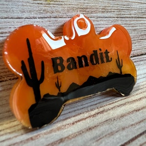 Southwest Mountain dog ID tag· Custom pet identification name tag· Southwestern style pet accessory· Bone shaped dog ID tag· Western dog tag