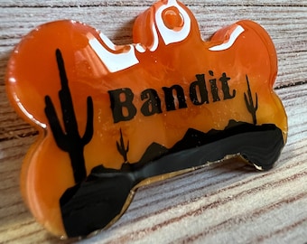 Southwest Mountain dog ID tag· Custom pet identification name tag· Southwestern style pet accessory· Bone shaped dog ID tag· Western dog tag