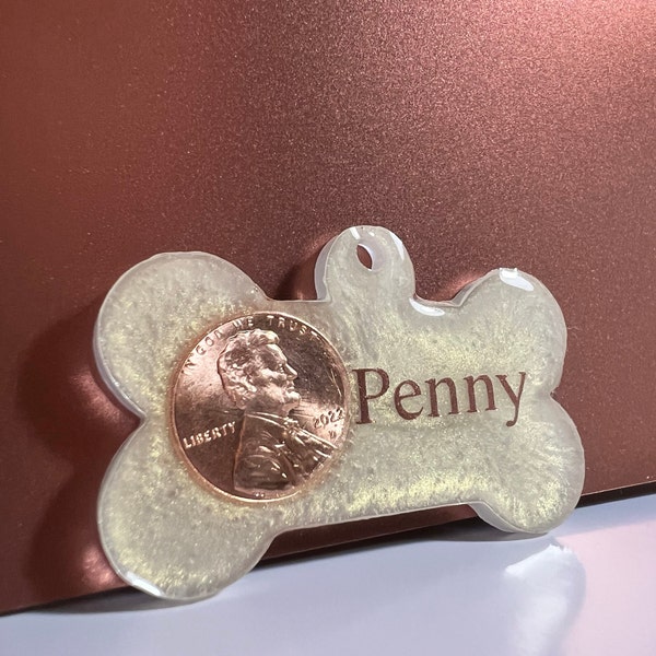 Penny Dog Name ID Tag• Personalized Resin Dog Name Tag• Quiet Resin Dog Name ID• Custom Pet ID Tag• Penny coin pet tag