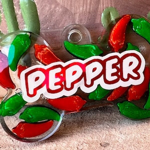 Chili Pepper Dog Tag• Resin bone shaped dog ID tag• Custom pet ID name tag• Quiet dog name tag• Personalized resin ID name tag for dog
