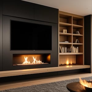Op de afbeelding: Een moderne woonkamer met een zwarte open haard en een ingebouwde entertainment unit. De open haard heeft een realistisch vlammeneffect en wordt omringd door zwarte kasten. De entertainment unit heeft een grote flatscreen tv en planken voor boeken en decoratie.
