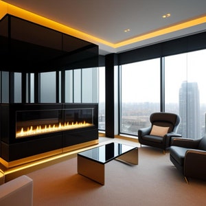 Op de afbeelding: Een moderne woonkamer met een zwarte open haard, twee zwarte fauteuils en een glazen salontafel. De kamer heeft grote ramen met uitzicht op de stad.