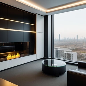 Op de afbeelding: Een moderne woonkamer met een zwarte open haard, een zwarte salontafel en een groot raam met uitzicht op de stad.