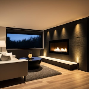 Op de afbeelding: Een moderne woonkamer met een zwarte open haard en een witte bank. De open haard heeft een glazen voorzijde en een gloeiend vuur erin. De kamer heeft een groot raam met uitzicht op bomen buiten. De vloer is gemaakt van licht hout.