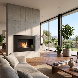May include: A modern living room with a black fireplace built into a concrete wall. The fireplace has a flame effect and a gold logo. The room features a gray sofa, wooden floors, and large windows overlooking a green landscape.
