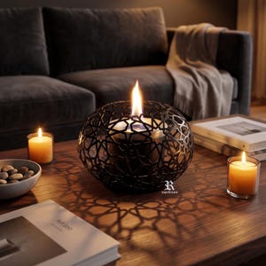 May include: A black metal candle holder with a geometric design, lit candles, and a bowl of stones on a wooden table. The candle holder casts a star-shaped shadow. A sofa and books are in the background.