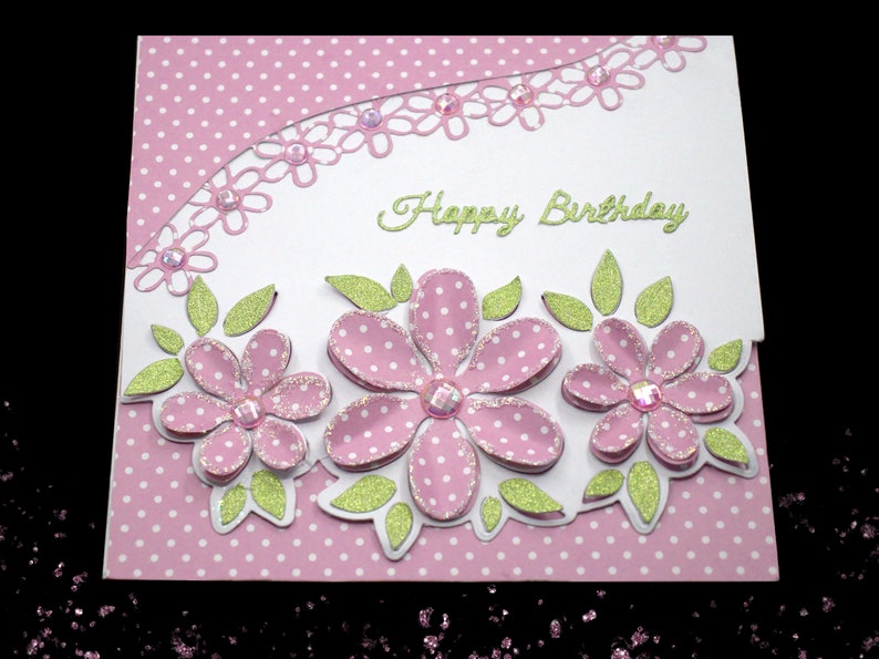 Handmade Happy Birthday Card White Polkadots and Pink Flowers - Etsy