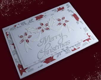 Handmade Christmas Card, Merry Christmas, Red, White, Silver, Traditional Style, Glitter Card