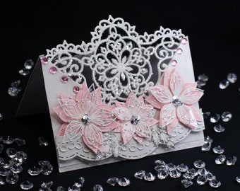 Handmade Flowers, Gems and Glitter Cutout Card, 3D Card, Pink, Silver and White, Filigree Card, Embossed Card, Feminine Card, Pretty Card