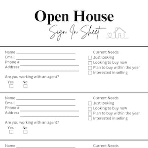 Puede incluir: Una hoja de registro de Open House blanca con texto negro. La hoja incluye campos para nombre, correo electrónico, número de teléfono y dirección. También tiene casillas de verificación para las necesidades actuales, como 'Solo mirando' e 'Interesado en vender'.