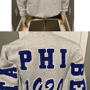 Può includere: Felpa grigia con lettere ricamate in blu sulle maniche e sul retro. Le lettere recitano "Zeta Phi Beta" e "PHI 1920". La parte anteriore della felpa presenta uno stemma ricamato in blu con le lettere "ZOB" all'interno.