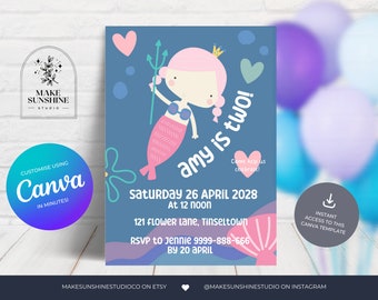 Mermaid Invitation for Girl Birthday Party Editable Template Invitation Printable Party Invite Summer Party Instant Download 4536