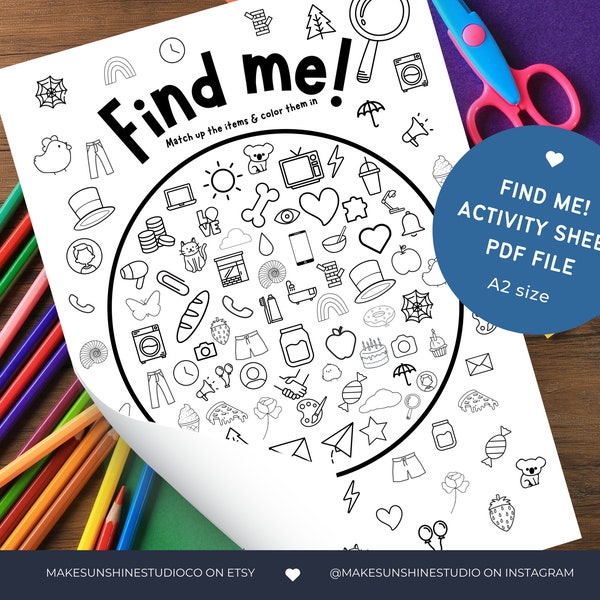 Search and Find, I Spy Party Game Classroom Activity Printable Coloring Page | Activity for Kids | Rainy Day Teacher Resources PDF Print