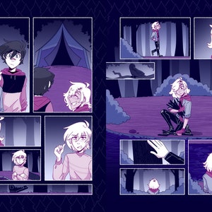 May include: A comic book style illustration of a scene in a forest. The illustration features a young person with white hair and a red scarf, in various poses, including sitting on a rock, standing in a forest, and looking at a tent. The background is a dark purple forest with trees and bushes.