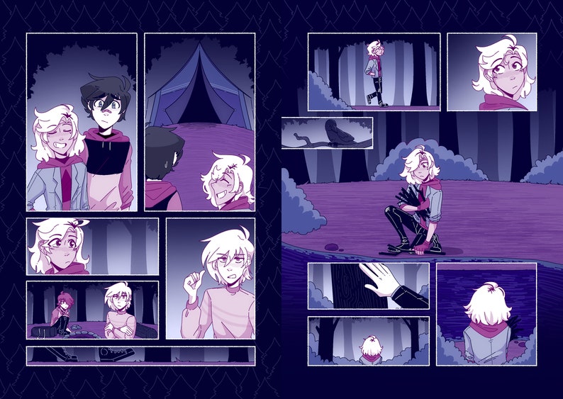 May include: A comic book style illustration of a scene in a forest. The illustration features a young person with white hair and a red scarf, in various poses, including sitting on a rock, standing in a forest, and looking at a tent. The background is a dark purple forest with trees and bushes.