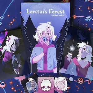 以下が含まれることがあります： 白い髪とピンクのジャケットを着たキャラクターを描いたイラストプリント4枚セット。プリントは、白い星が散りばめられた濃い青色の背景に配置されています。コミックのタイトルは「Lorelai's Forest」で、作者はMat Jesterです。