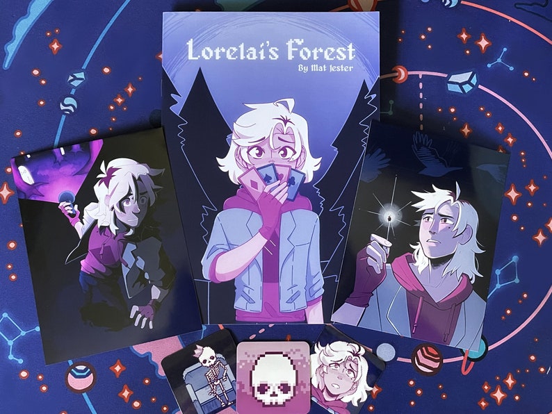 May include: A set of four illustrated prints featuring a character with white hair and a pink jacket. The prints are set against a dark blue background with white stars. The title of the comic is "Lorelai's Forest" by Mat Jester.