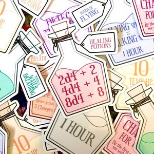 May include: A collection of colorful stickers featuring potion bottles with various magical effects, including mind reading, flying, healing, and temporary hit points. The stickers are designed with a hand-drawn style and include text such as "Potion of Flying", "Healing Potions", and "1 Hour".