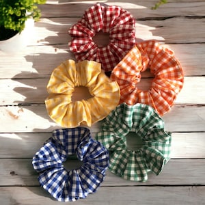 Gingham Scrunchies Set of 5, Rainbow Colours Scrunchy, Soft Fabric Scrunchie, Cute Hair Accessories, Easter Gift Idea