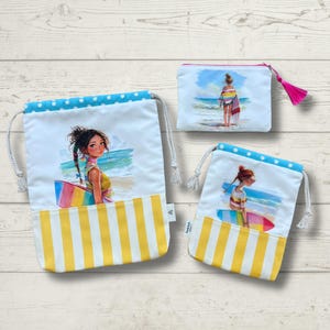 Nasse Trockentasche, personalisierte Reisetasche, Baumwollbadeanzug-Tasche, Reise-Wäschetasche, Dessous-Tasche, Reise-Accessoire, Surfer-Girl-Designs